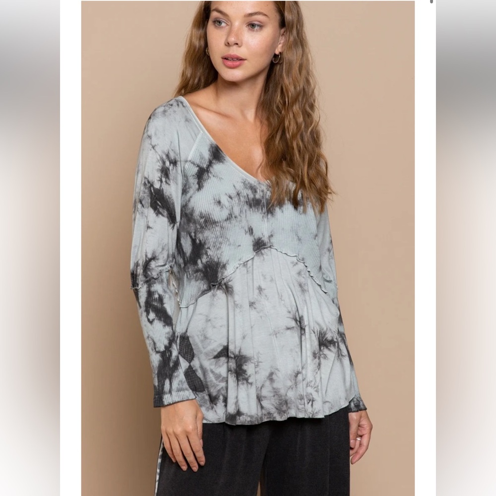 Pol Grey Tie Dye Long Sleeve Jersey Knit Babydoll Top Size S - Picture 2 of 15